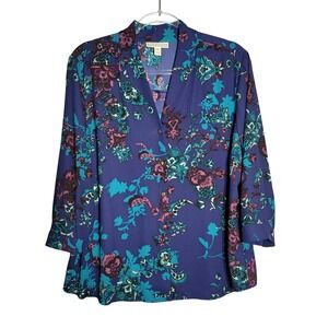 Dana Buchman Womens Blue Floral Top XXL‎ V Neck 3/4 Sleeve Pullover Blouse